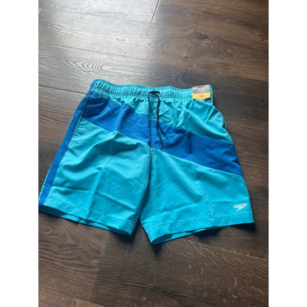 Speedo Mens Swim Trunks Blue Teal Colorblock Comfort Stretch UPF 50+ Medium 18